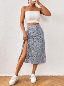 SHEIN PETITE 碎花高衩半身裙 - 藏蓝色 - 查看 1