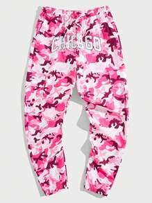 ROMWE MEN Street Life 男士字母和迷彩印花束腰長褲 - 粉色 - 查看 1