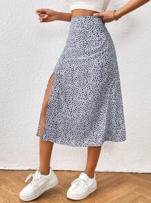 SHEIN PETITE 碎花高衩半身裙 - 藏蓝色 - 查看 4