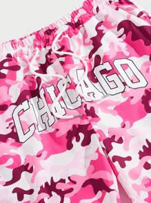 ROMWE MEN Street Life 男士字母和迷彩印花束腰長褲 - 粉色 - 查看 4