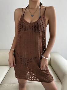 Breezaya 鏤空針織罩衫連衣裙 - 咖啡棕 - 查看 5