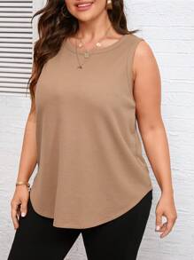 SHEIN LUNE Plus Solid Curved Hem Tank Top - Khaki - View 4