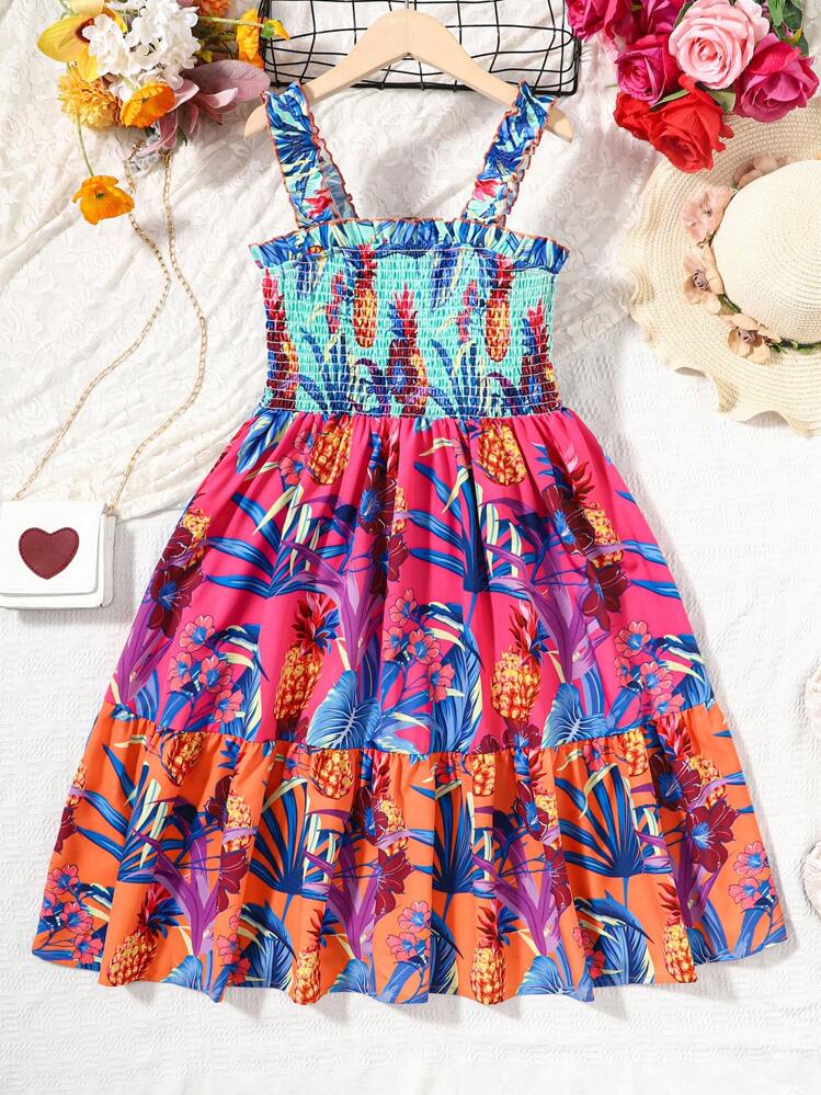 SHEIN Tween Girl Tropical Print Ruffle Hem Cami Dress - Hot Pink - View 1