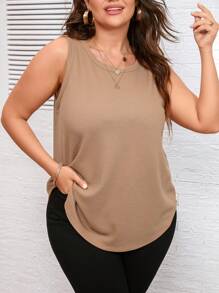 SHEIN LUNE Plus Solid Curved Hem Tank Top - Khaki - View 5