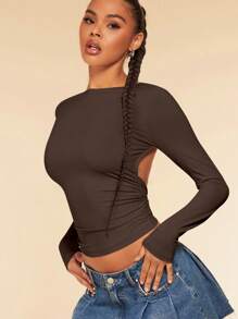 SHEIN BAE 扭結露背短款T恤 - 巧克力棕 - 查看 6