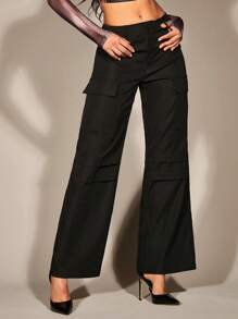 SHEIN BAE Flap Pocket Side Wide Leg Pants - Black - View 3