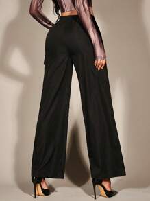 SHEIN BAE Flap Pocket Side Wide Leg Pants - Black - View 2