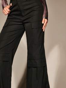 SHEIN BAE Flap Pocket Side Wide Leg Pants - Black - View 5