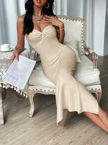 SHEIN Privé 前扭結高衩毛衣洋裝 - 駝色 - 查看 1