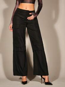 SHEIN BAE Flap Pocket Side Wide Leg Pants - Black - View 1