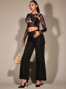 SHEIN BAE Flap Pocket Side Wide Leg Pants - Black - View 6