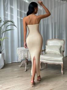 SHEIN Privé 前扭結高衩毛衣洋裝 - 駝色 - 查看 2