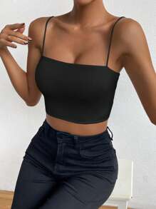 SHEIN ChicEase Solid Crop Cami Top Halloween, Christmas - Black - View 3