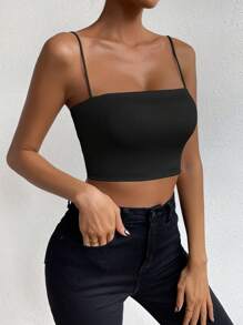 SHEIN ChicEase Solid Crop Cami Top Halloween, Christmas - Black - View 4