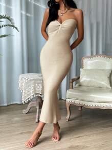 SHEIN Privé 前扭結高衩毛衣洋裝 - 駝色 - 查看 3