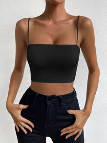 SHEIN ChicEase Solid Crop Cami Top Halloween, Christmas - Black - View 6