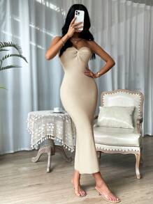 SHEIN Privé 前扭結高衩毛衣洋裝 - 駝色 - 查看 5