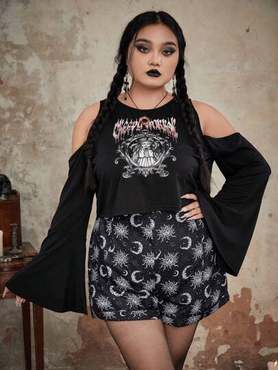 Goth Plus Figure Print Cold Shoulder Tee
