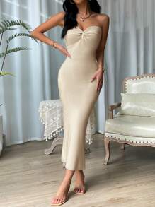 SHEIN Privé 前扭結高衩毛衣洋裝 - 駝色 - 查看 6