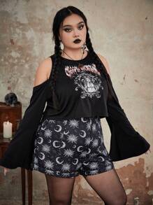 ROMWE Goth 大碼人物印花挖肩T恤 - 黑色 - 查看 3