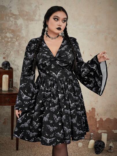 Goth Plus Bat Print Flare Sleeve Twist Dress