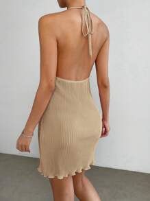 SHEIN EZwear 素色木耳邊掛脖連衣裙 - 卡其色 - 查看 2