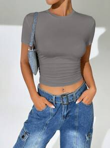 SHEIN EZwear Camiseta Cortada de Lado Frufru Sólido de Verão - Cinza - Visão 1