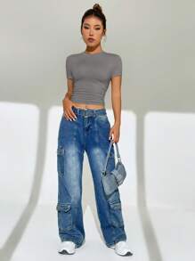 SHEIN EZwear Camiseta Cortada de Lado Frufru Sólido de Verão - Cinza - Visão 3