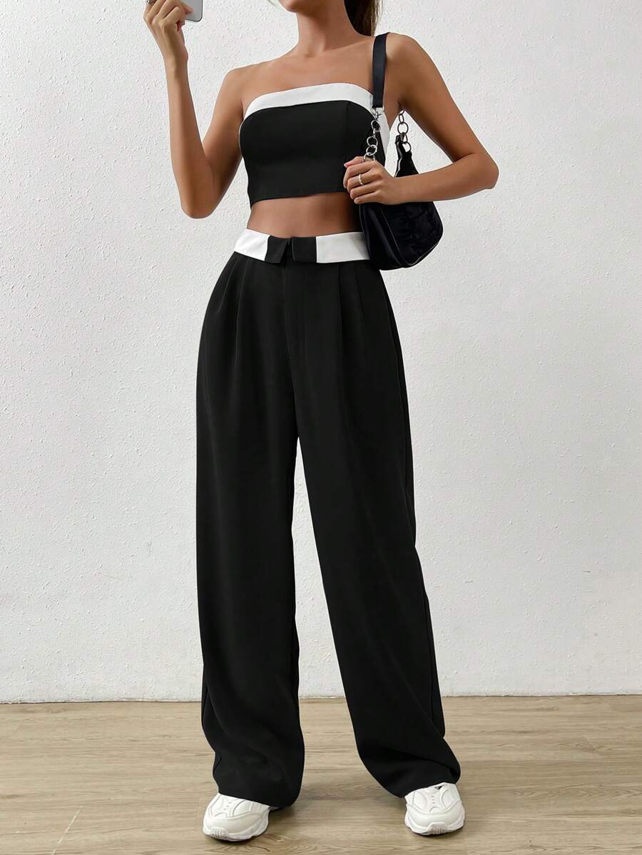SHEIN EZwear 夏季套裝,對比色修飾無肩帶上衣與折疊腰寬褲 - 黑色 - 查看 1