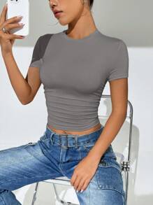 SHEIN EZwear Camiseta Cortada de Lado Frufru Sólido de Verão - Cinza - Visão 6