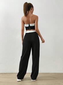 SHEIN EZwear 夏季套裝,對比色修飾無肩帶上衣與折疊腰寬褲 - 黑色 - 查看 2