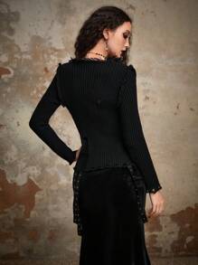 ROMWE Goth Cross Pattern Ripped Frill Trim Jumper - Black - View 2