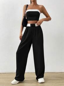SHEIN EZwear 夏季套裝,對比色修飾無肩帶上衣與折疊腰寬褲 - 黑色 - 查看 3