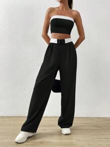 SHEIN EZwear 夏季套裝,對比色修飾無肩帶上衣與折疊腰寬褲 - 黑色 - 查看 4