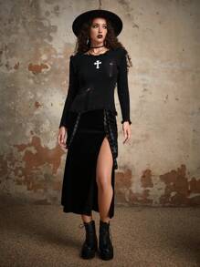 ROMWE Goth Cross Pattern Ripped Frill Trim Jumper - Black - View 3