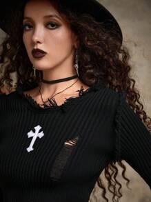 ROMWE Goth Cross Pattern Ripped Frill Trim Jumper - Black - View 4