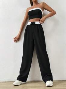SHEIN EZwear 夏季套裝,對比色修飾無肩帶上衣與折疊腰寬褲 - 黑色 - 查看 6