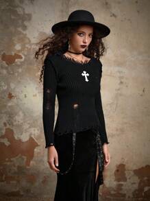 ROMWE Goth Cross Pattern Ripped Frill Trim Jumper - Black - View 6