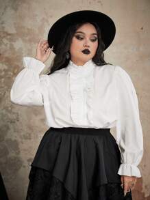 ROMWE Goth 加大荷叶边衬衫，学校 - 白色 - 查看 5