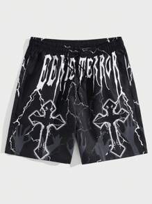 ROMWE MEN Goth Men Cross Letter Graphic Drawstring Waist Shorts, Football Style - Black - View 1