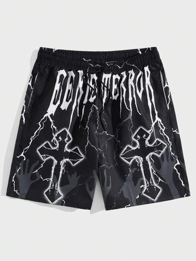 Goth Men Cross Letter Graphic Drawstring Waist Shorts, Football Style