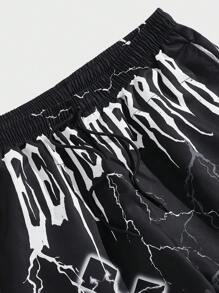 ROMWE MEN Goth Men Cross Letter Graphic Drawstring Waist Shorts, Football Style - Black - View 3