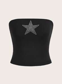 SHEIN EZwear 大碼水鑽星星圖案抹胸上衣 - 黑色 - 查看 1