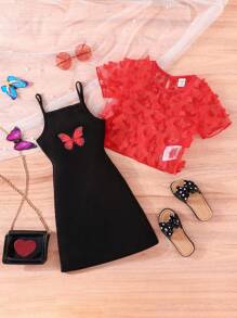 Young Girl Butterfly Appliques Top & Cami Dress - Multicolor - View 1