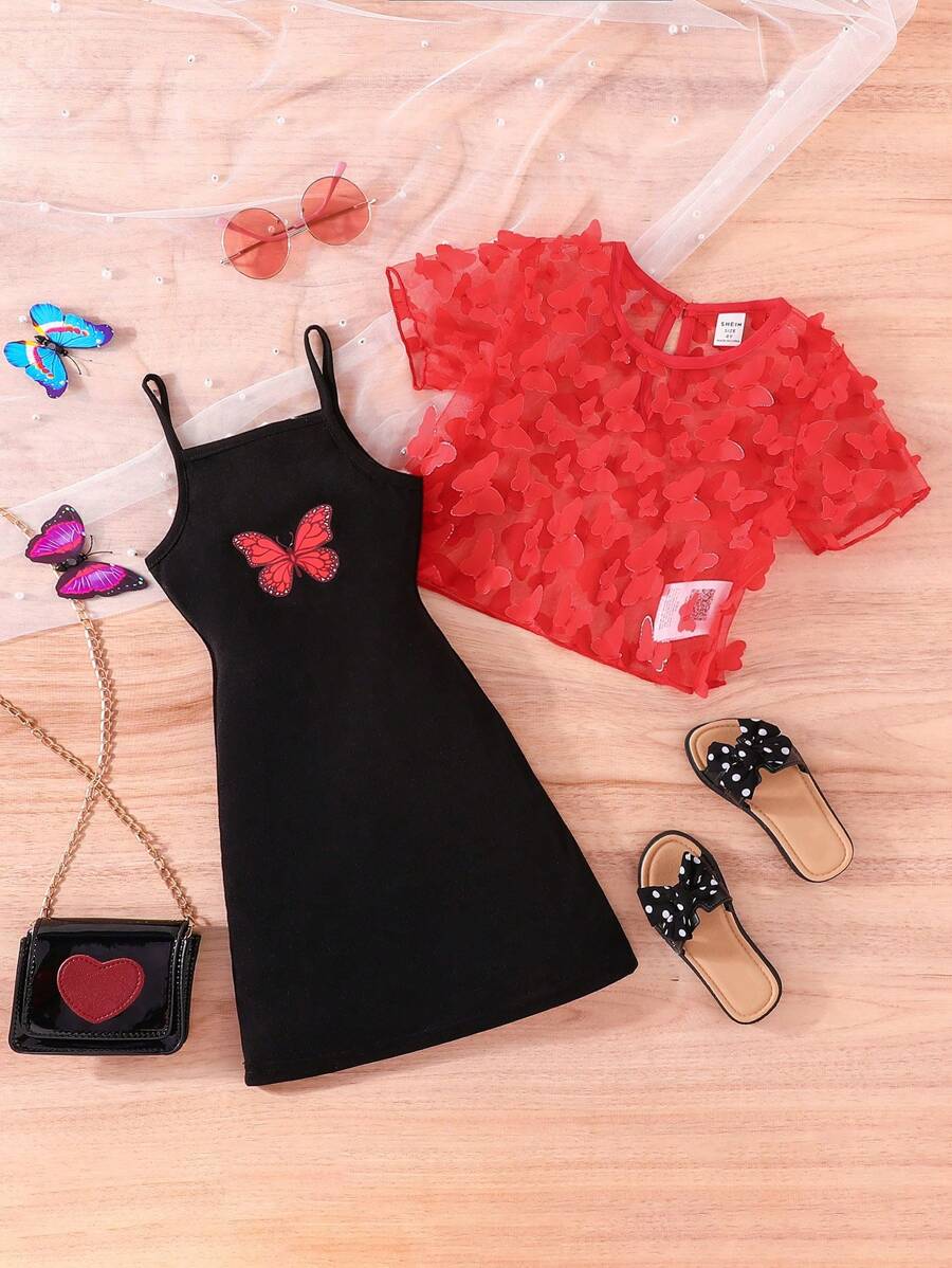Young Girl Butterfly Appliques Top & Cami Dress - Multicolor - View 1