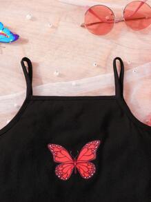 Young Girl Butterfly Appliques Top & Cami Dress - Multicolor - View 3