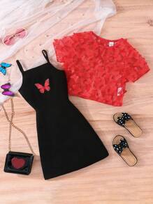 Young Girl Butterfly Appliques Top & Cami Dress - Multicolor - View 4