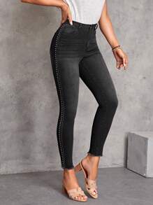 SHEIN LUNE Studded Detail Raw Hem Skinny Jeans - Black - View 1