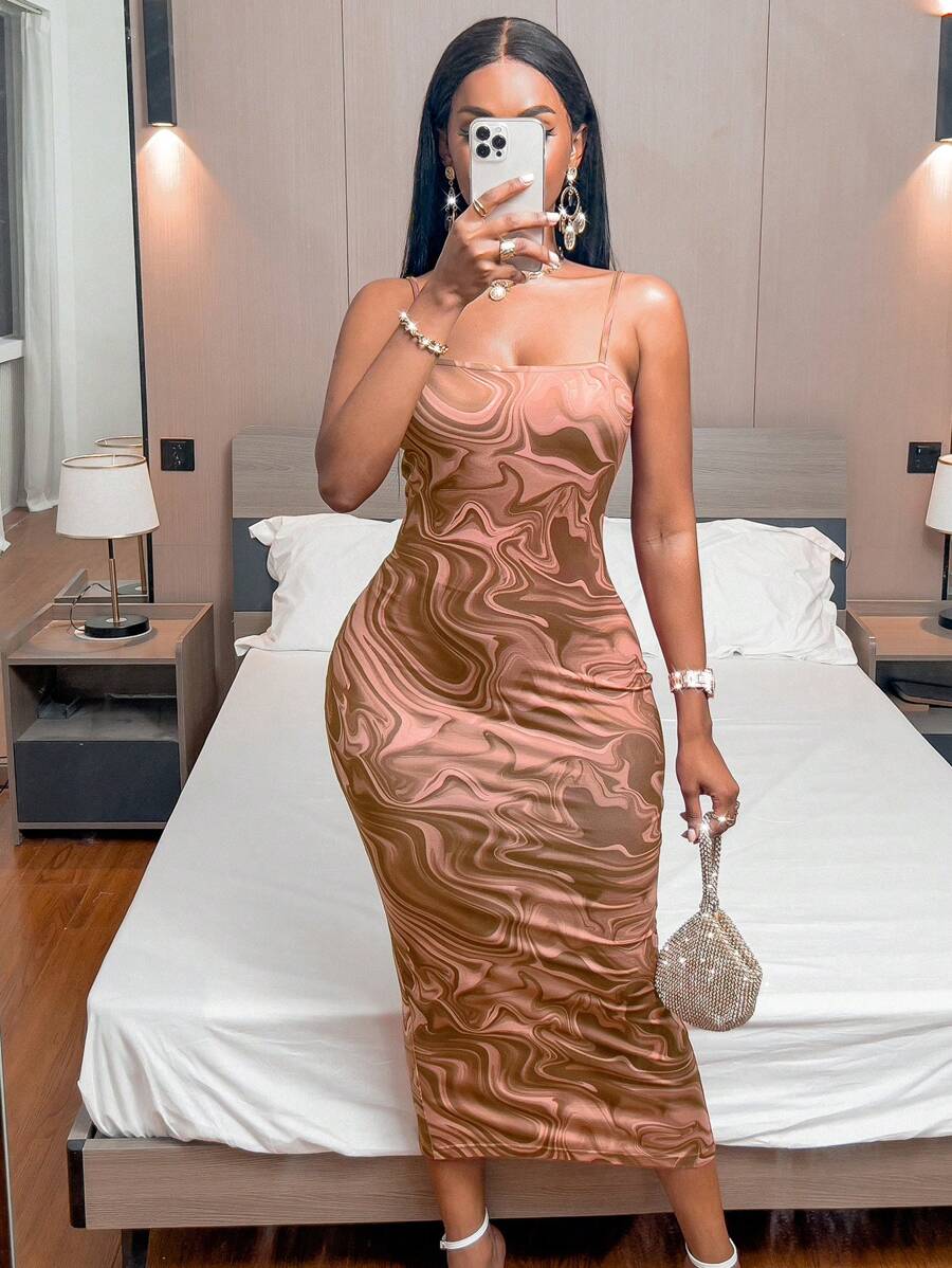SHEIN Clasi Marble Print Cami Bodycon Dress Maxi Women Outfit - Brown - View 1