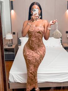 SHEIN Clasi Marble Print Cami Bodycon Dress Maxi Women Outfit - Brown - View 3